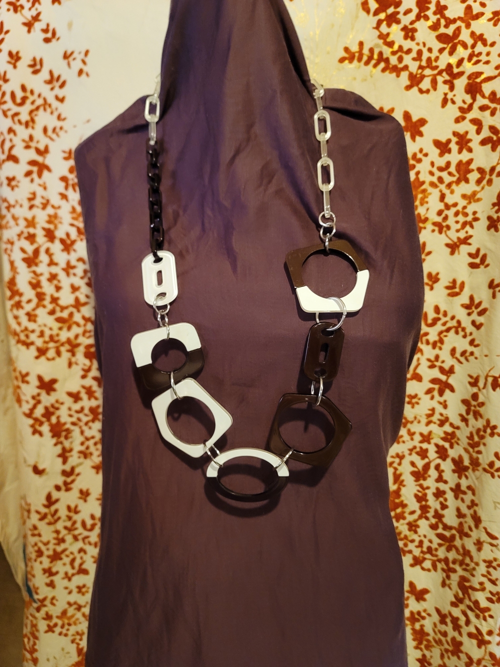 Retro And Funky Cool Brown & White Geometric Asymetrical Link Necklace